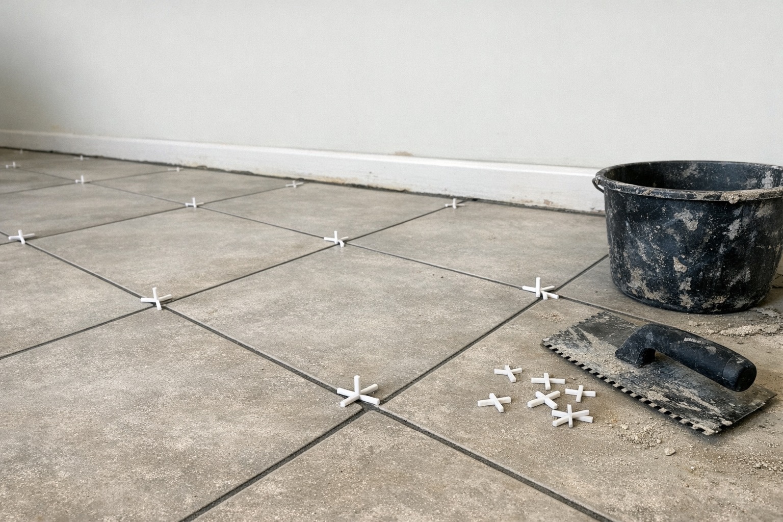 Fresh floor tiles with spacers, trowel and bucket during installation