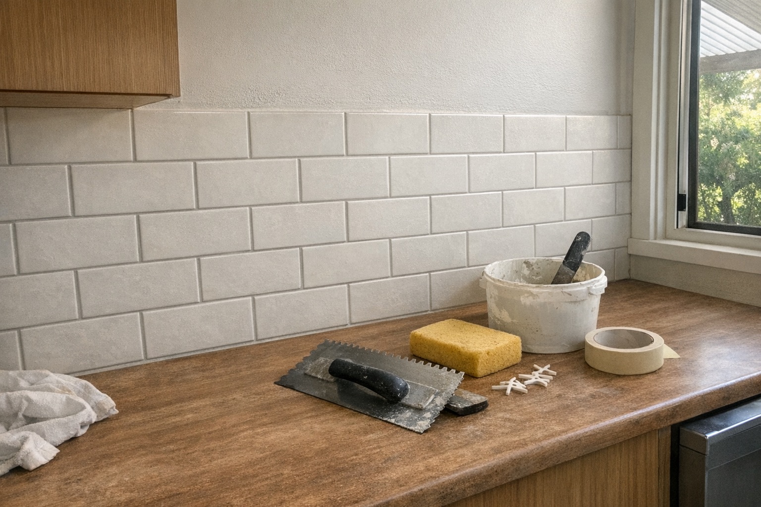 Kitchen splashback tile installation with practical tools on the benchtop