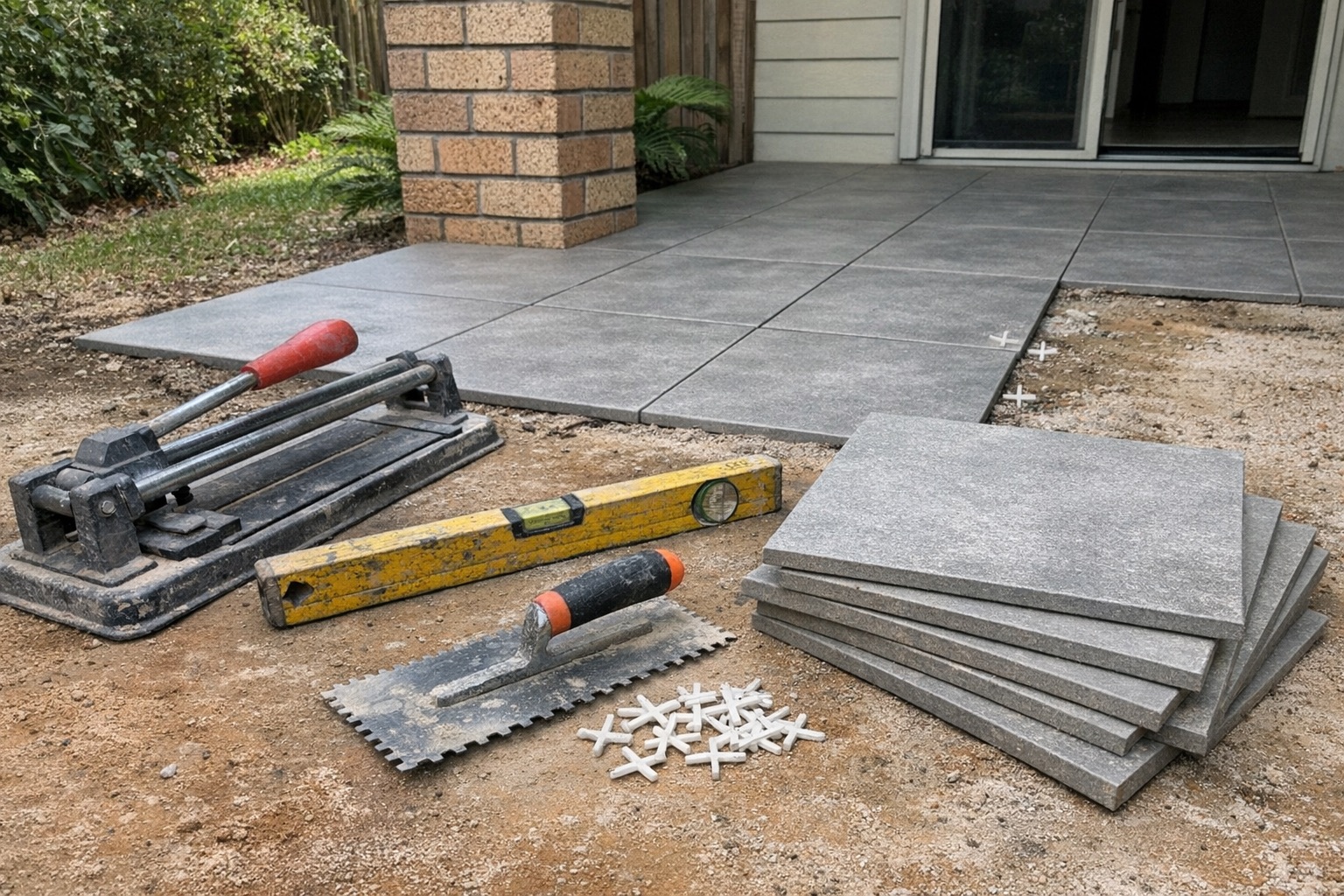 Outdoor tiling tools, spacers and tiles beside a regional Queensland home patio